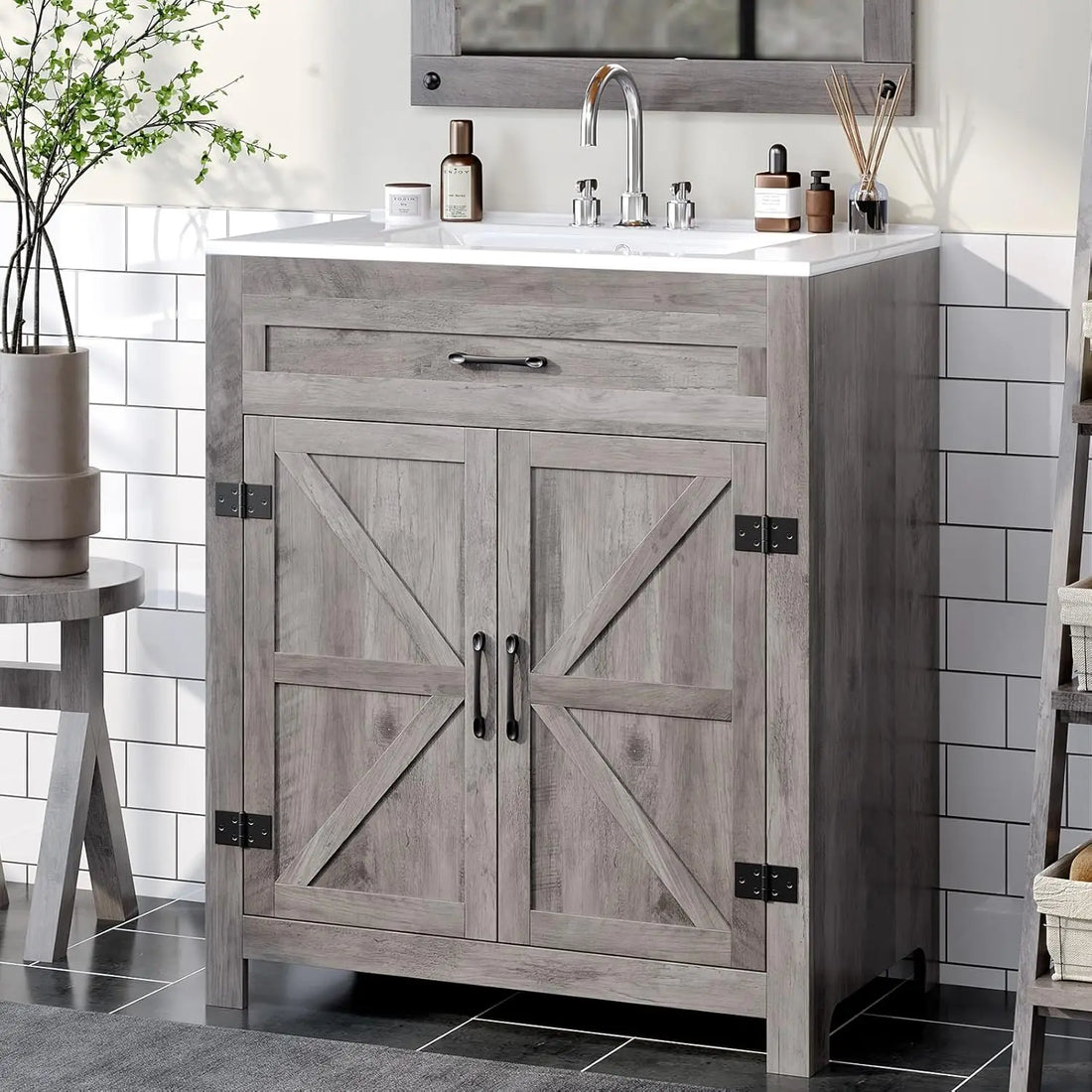 30" Farmhouse Bathroom Vanity with Sink, Free Standing Small Bathroom Storage Cabinet with 3 Holes Ceramic Basin Combo Set