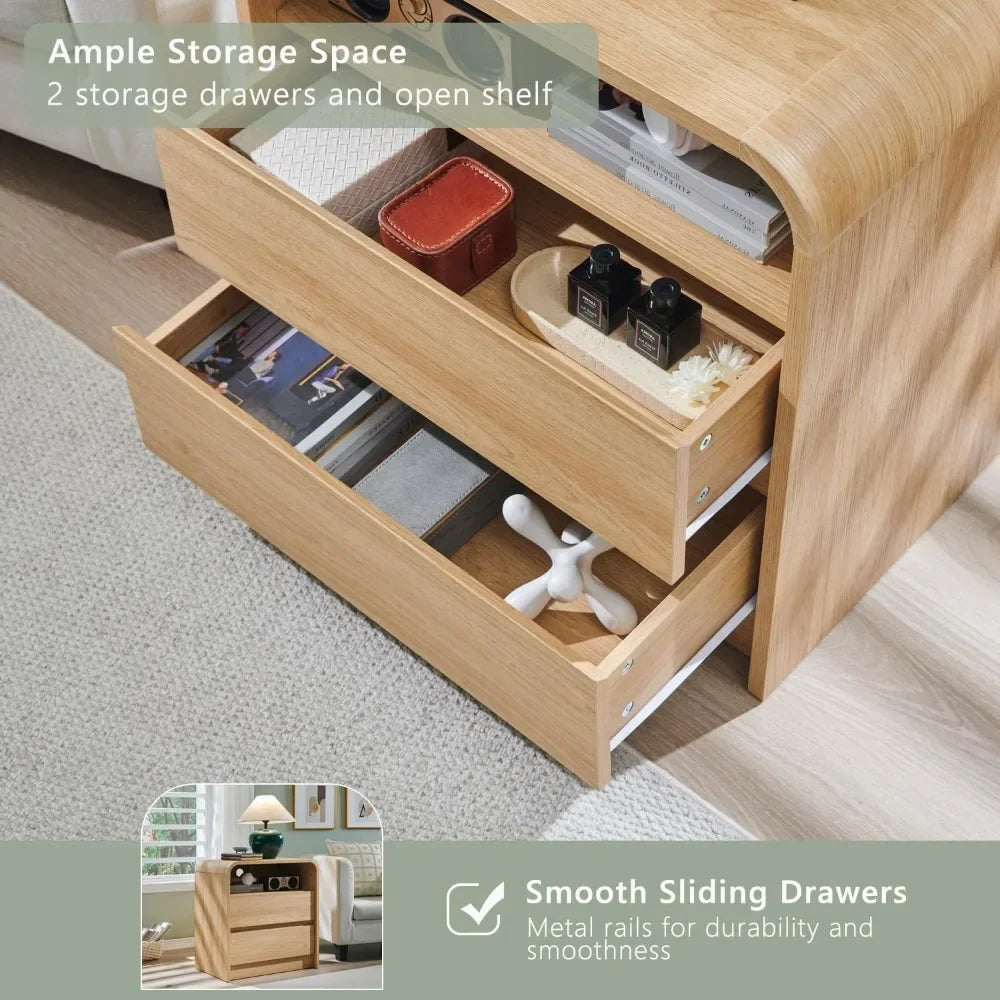 Modern Nightstand With Charging Station And Two Storage Drawers