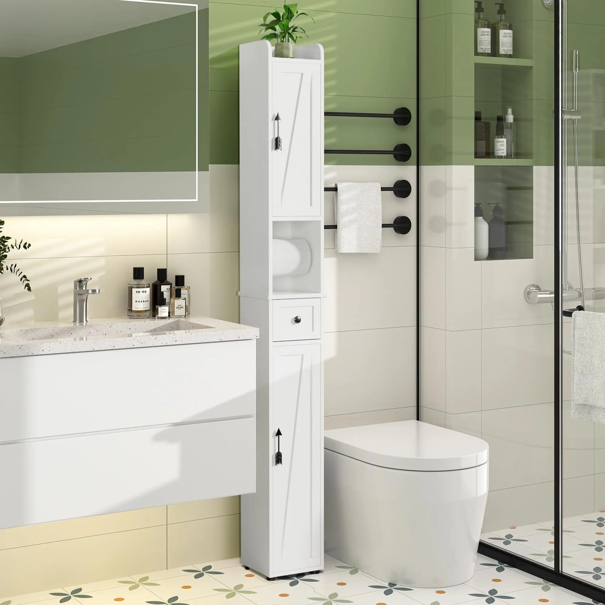 Narrow Bathroom Storage Cabinet With 3 Adjustable Shelves, 71" Tall Freestanding Cabinet With Toilet Paper Holder, Slim T