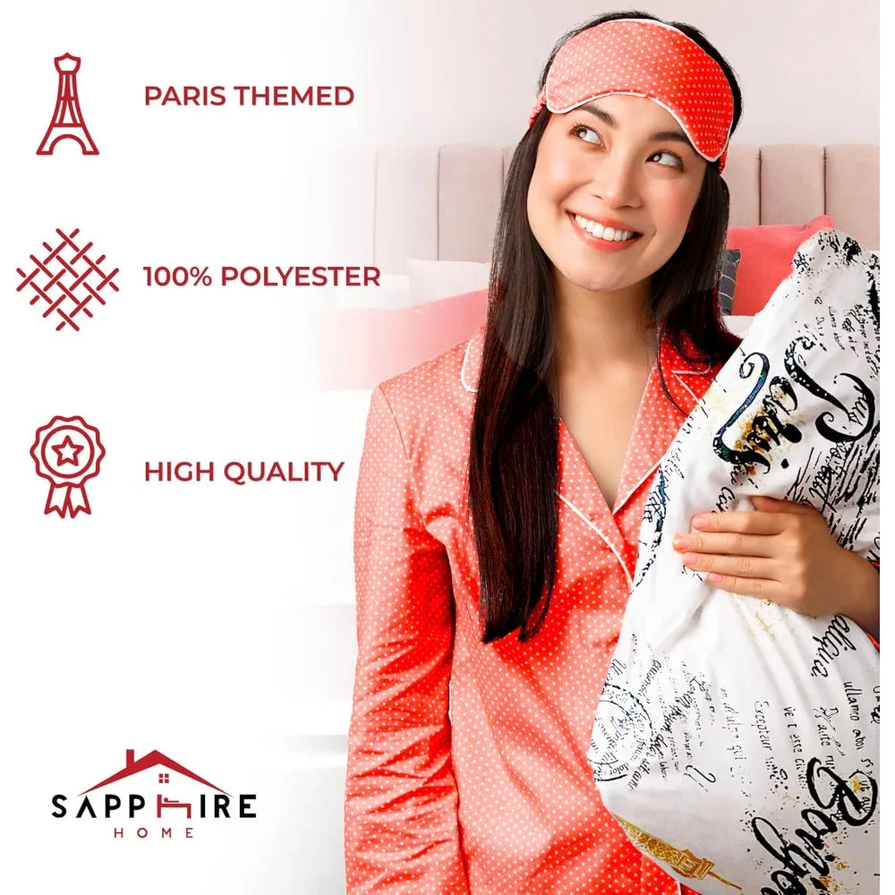 Queen Size Paris Comforter Set in a Bag - 7 Piece Paris Bedroom Comforter Set with Shams, Bedskirt Cushions, Eiffel Tower Beddi