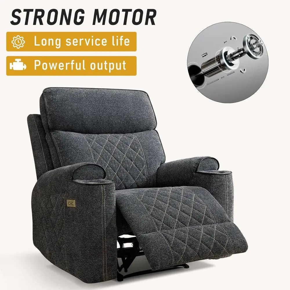 Grey Fabric Power Recliner with Metal Cup Holders, Heavy Duty Sofa Chair for Living Room or Bedroom