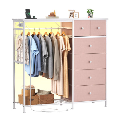 JHK 6 Drawer Fabric Dresser with Hanging Rack for Living Room Closet Storage Organizer with Charging Station and LED Lights for Home Entryway