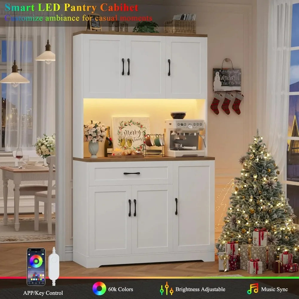 71" LED Pantry Cabinet with Power Outlet, Tall Kitchen Hutch Storage Cabinet with Microwave Stand &amp; 6 Door Shelves,, Customized