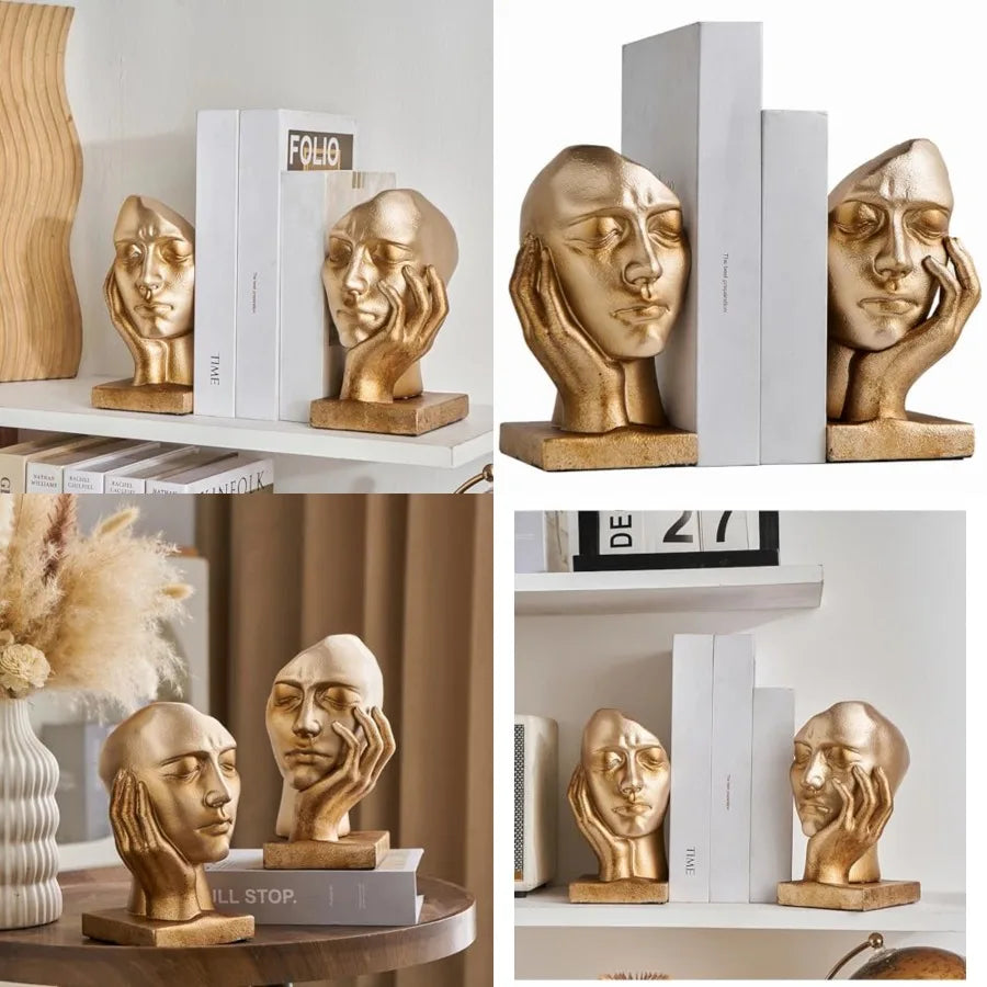 Vintage Thinker Book Ends Gold Heavy Duty Bookends for Home Office and Living Room Shelves Decorative Book Stopper with Antique