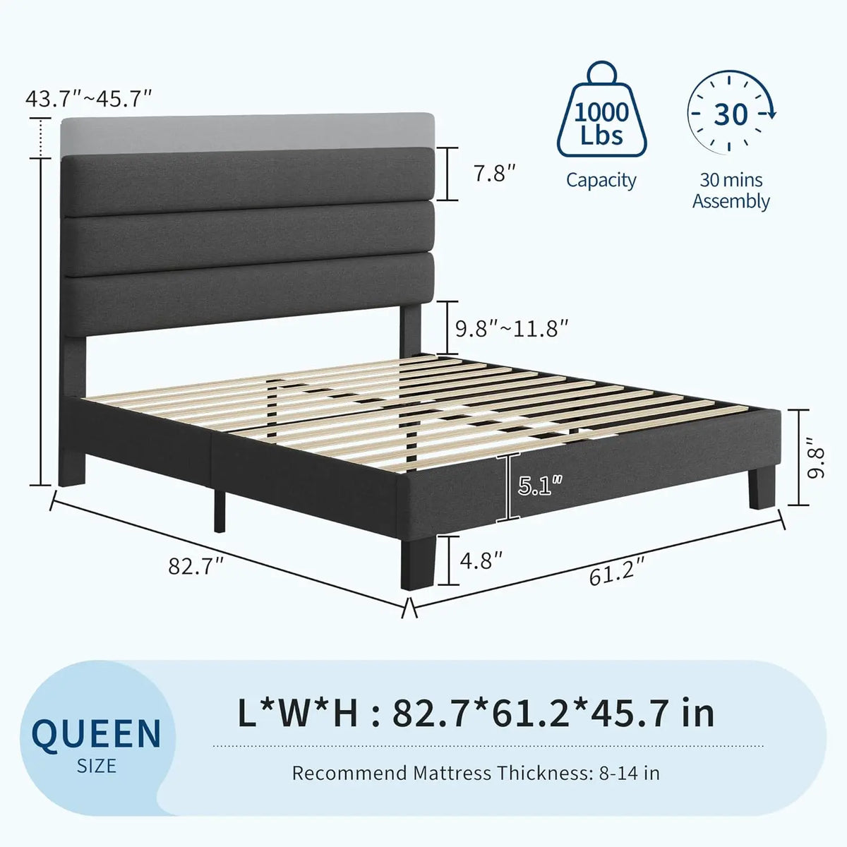 HiMISS Upholstered Platform Bed With Adjustable Headboard And Wooden Slats