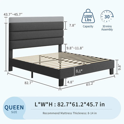 HiMISS Upholstered Platform Bed With Adjustable Headboard And Wooden Slats