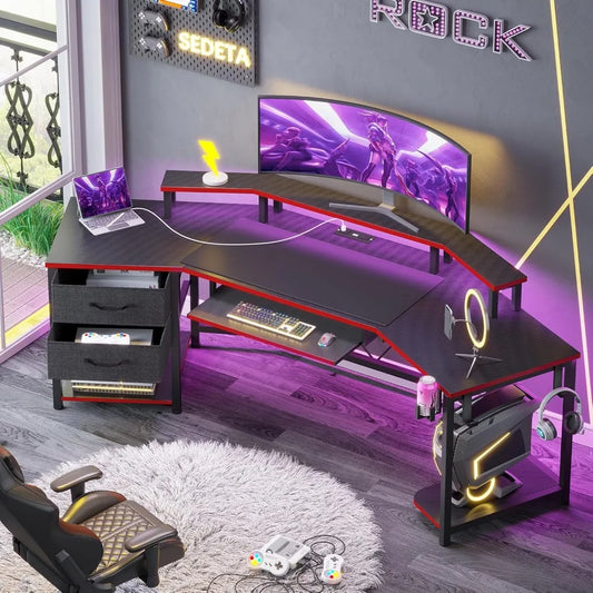 ZHUXIANG Computer Desk with LED Light and Storage Shelf