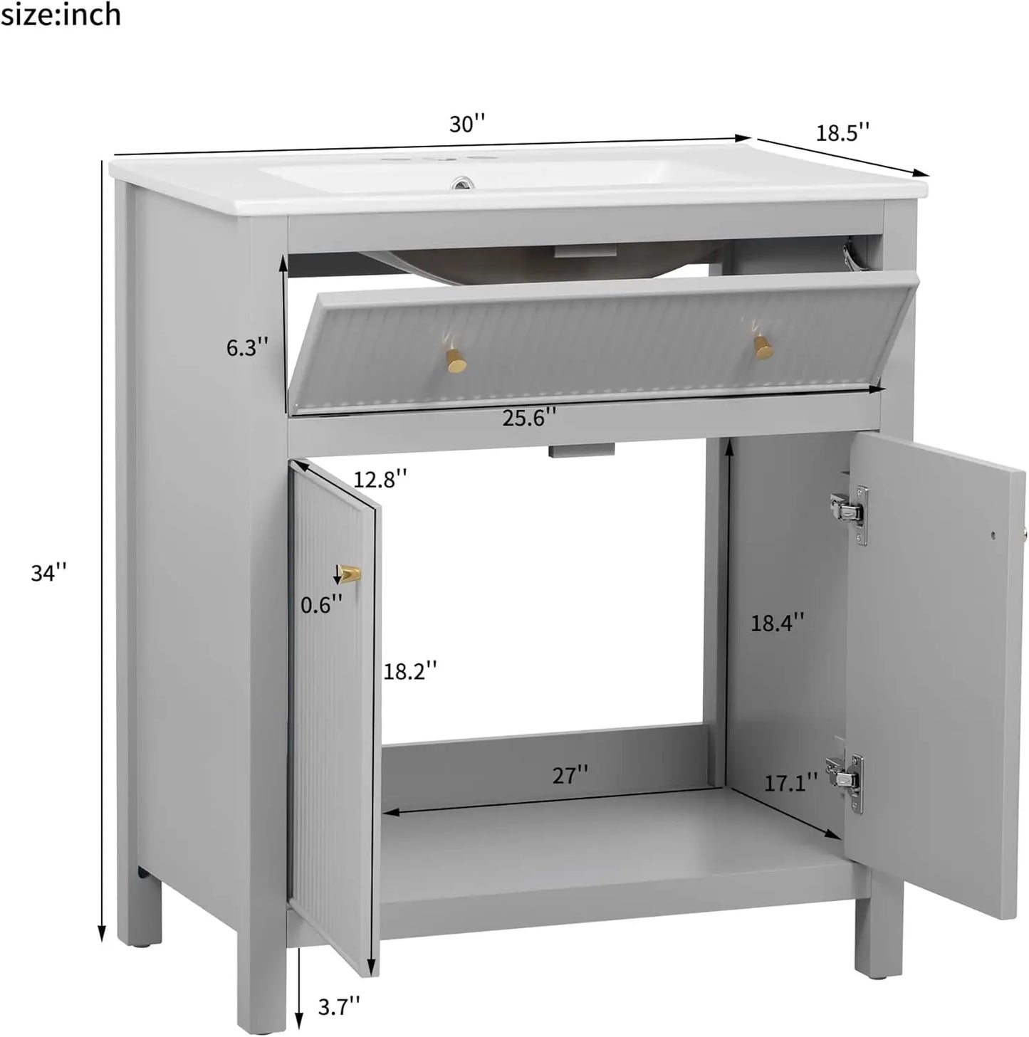 Fluted Modern Vanity With Ceramic Sink Two Door Cabinet And Tip Out Drawer Solid Wood Construction