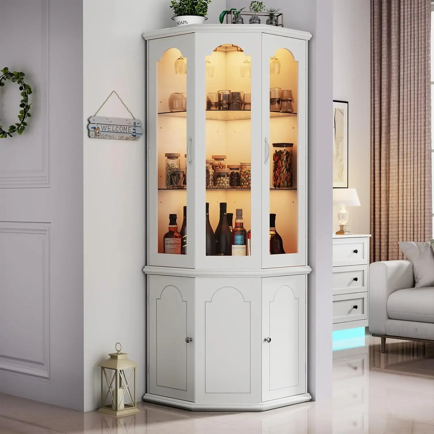 HOT SELLIG QUALITY Corner Bar Cabinet W/LED Lights, Tall Modern Wine Cabinet With Tempered Glass Door & Adjustable Shelves, Home