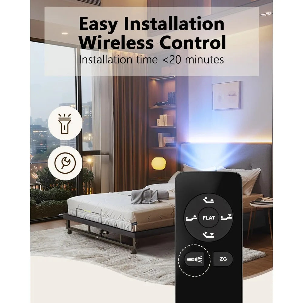 Adjustable Bed Base Frame Metal Head &amp; Foot Incline Wireless Remote Zero Gravity Quiet Motor 79x74x12.72in Black, Customized