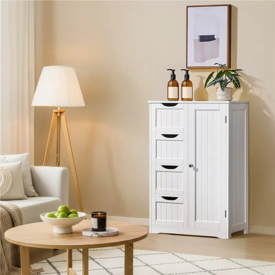 Easyfashion 4 Drawers &amp; Cupboard Bathroom Storage Organizer Cabinet White