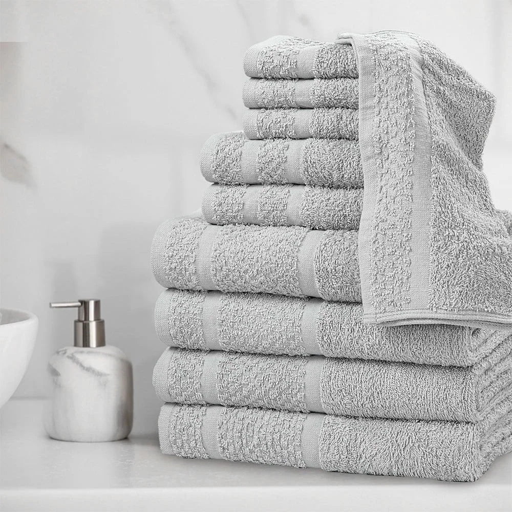 10 Piece Cotton Towel Set Soft Absorbent Bath Towels Quick Dry Durable Washcloths Hand Towels Popcorn Textured Border Machine