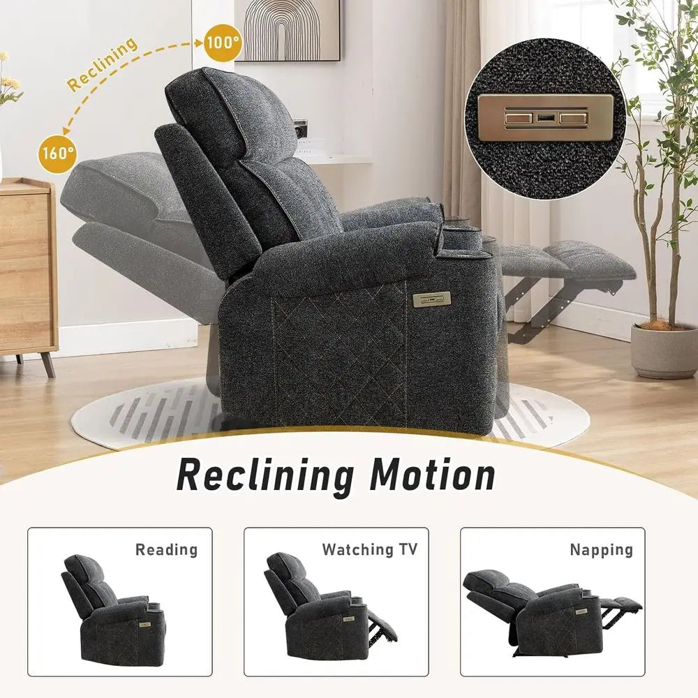 Grey Fabric Power Recliner with Metal Cup Holders, Heavy Duty Sofa Chair for Living Room or Bedroom