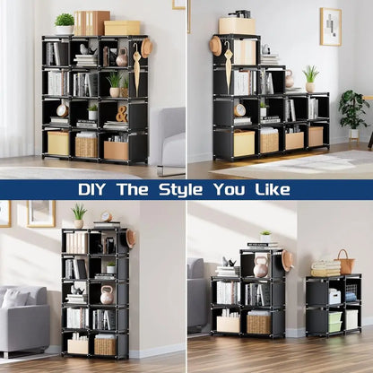 Book Shelf, 12 Cube Storage Organizer, DIY Bookcase, Metal Bookshelf,Tall Book case for Bedroom, Living Room,Office,Closet, Blac