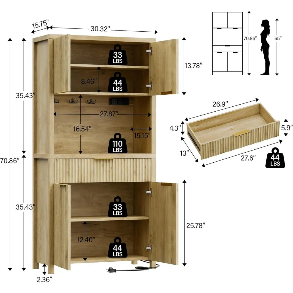 ZHUXIANG Fluted Pantry Cabinet With Charging Station And Adjustable Shelves