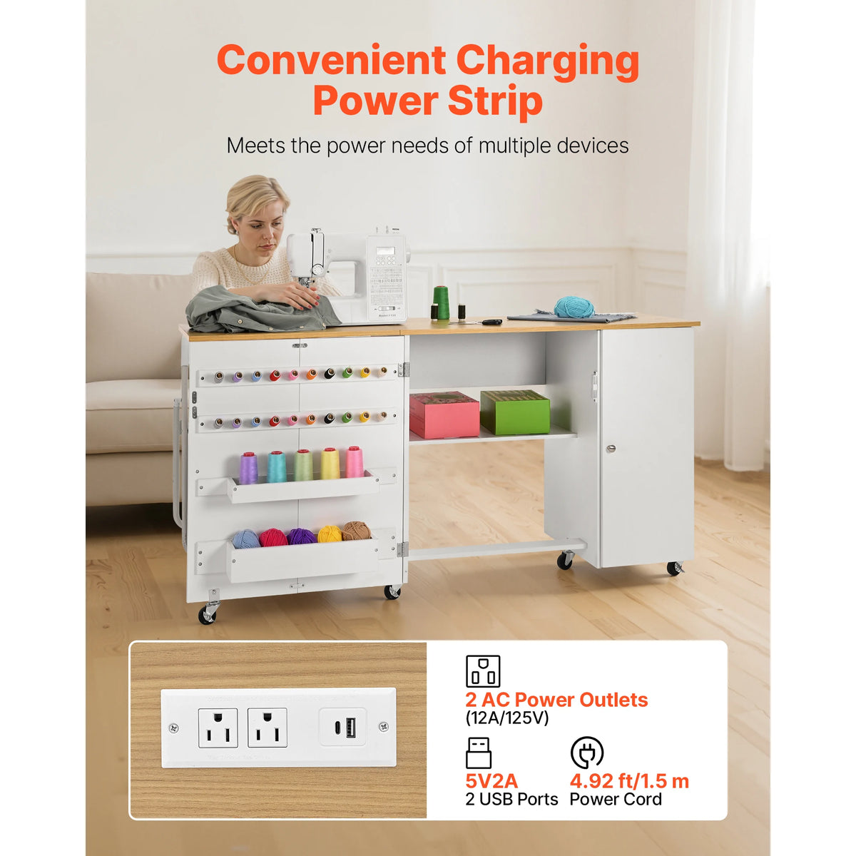 SucceBuy Folding Sewing Table With Cabinet And Charging Station For Home