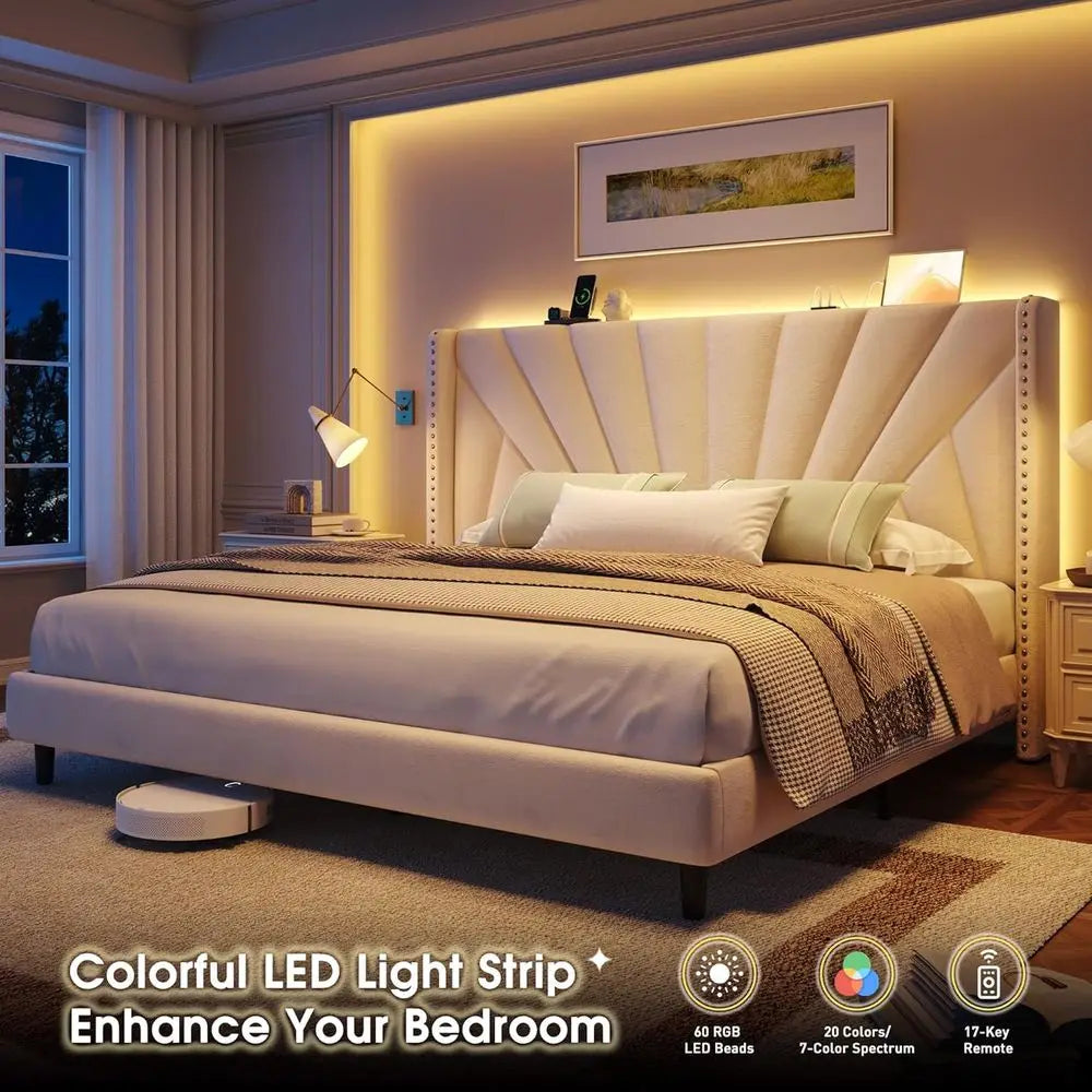 Chengwei Velvet Wingback King Bed Frame With LED Headboard
