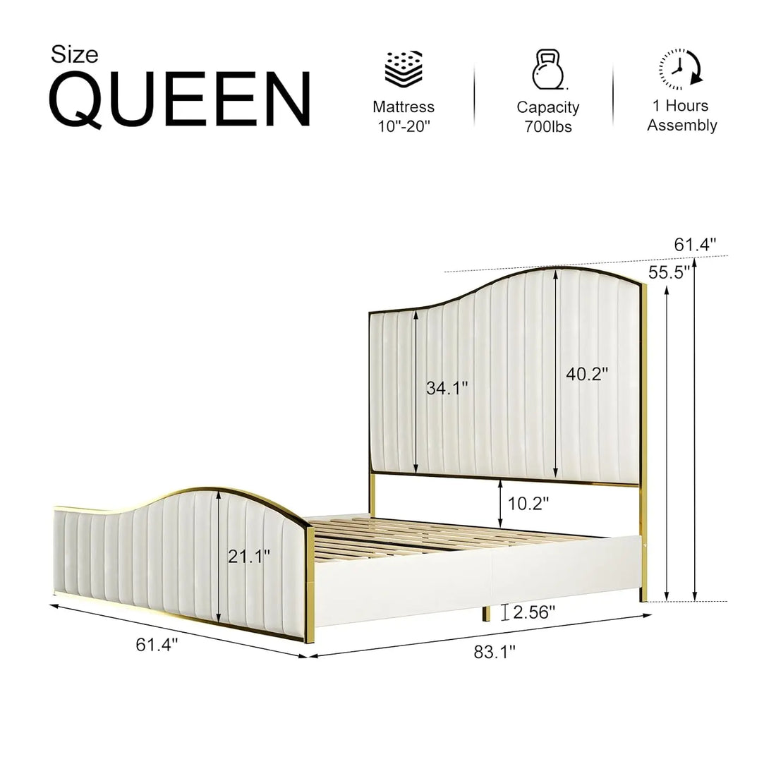 Queen Upholstered Platform Bed Tall 61.4" Headboard Gold Trim Wood Slats No Box Spring Cream, Customized