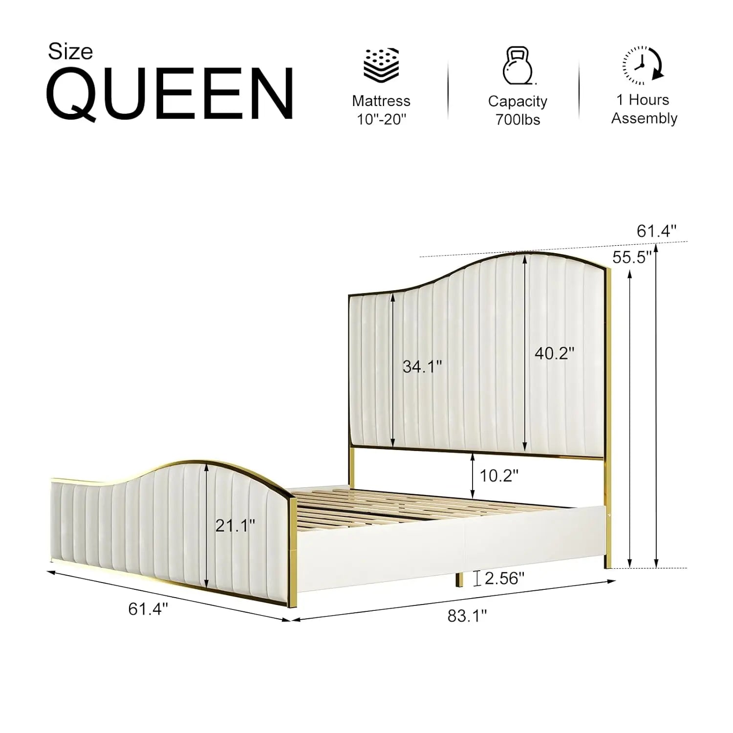 Queen Upholstered Platform Bed Tall 61.4" Headboard Gold Trim Wood Slats No Box Spring Cream, Customized