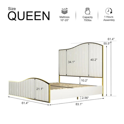 Queen Upholstered Platform Bed Tall 61.4" Headboard Gold Trim Wood Slats No Box Spring Cream, Customized