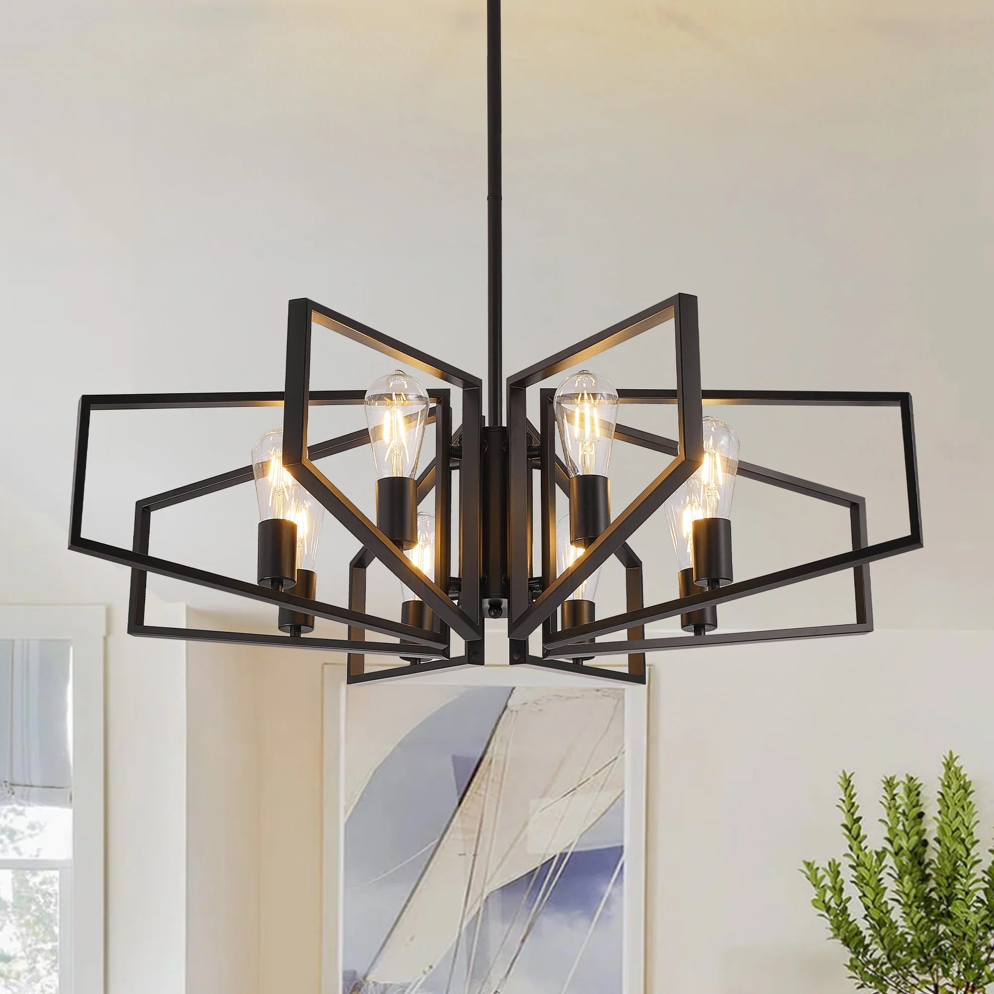 Modern 8-Light Geometric Chandelier Adjustable Height Metal Pendant Light with Black Frame &amp; Golden Accents Ceiling Light Decor