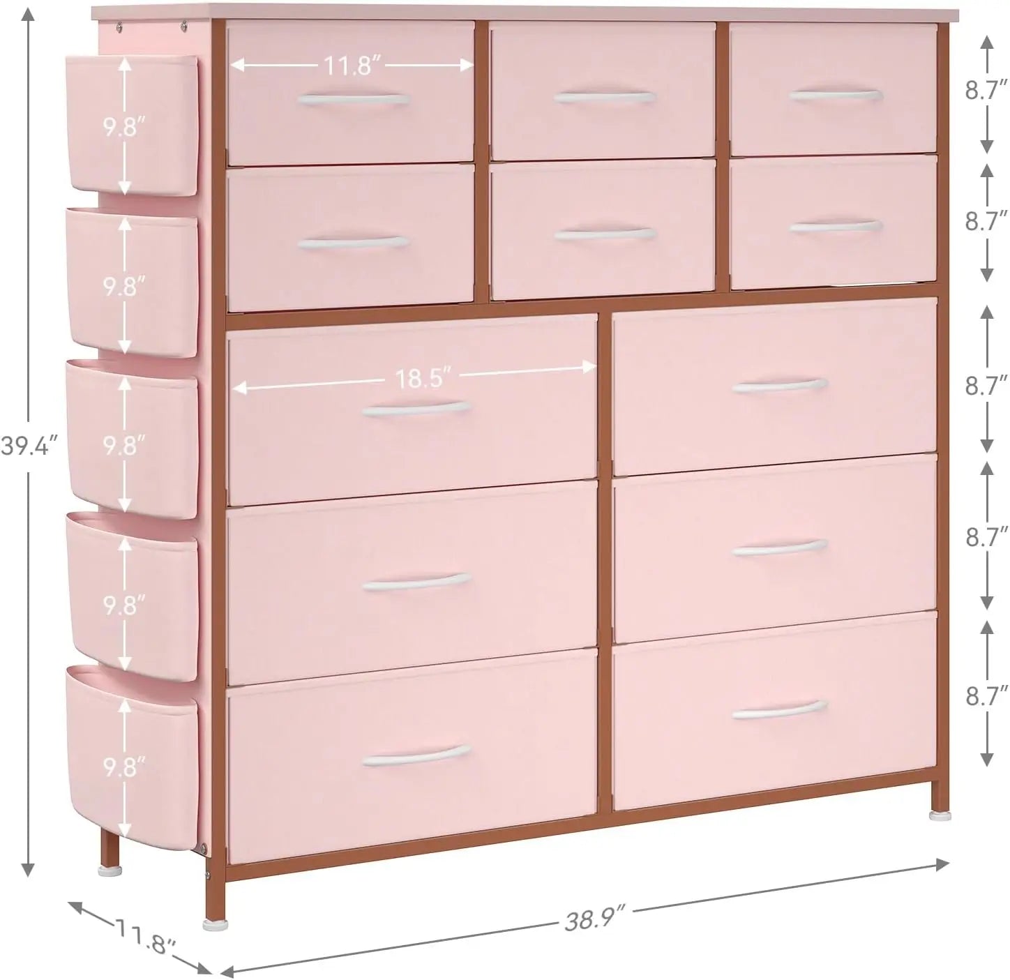 12 Dresser for Bedroom, Chest of Drawers with Side Pockets and Hooks Fabric Storage Dresser, Sturdy Steel Frame,Easy Pull Handle