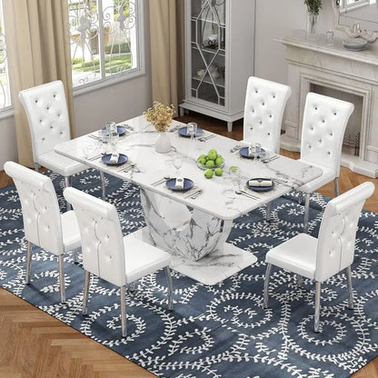 Faux Marble Dining Table Set for 6, 63 White Rectangular Kitchen Table with Elegant UShaped Pedestal Base amp 6 Tufted Upholste