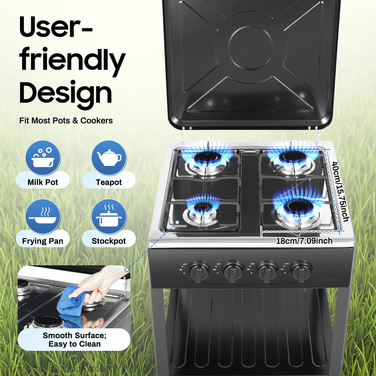 BYMAOCAR Stove Propane 4 Burner Portable Cooker BBQ Grill Windshelter Black with Detachable Storage Rack Outdoor Black/Silver