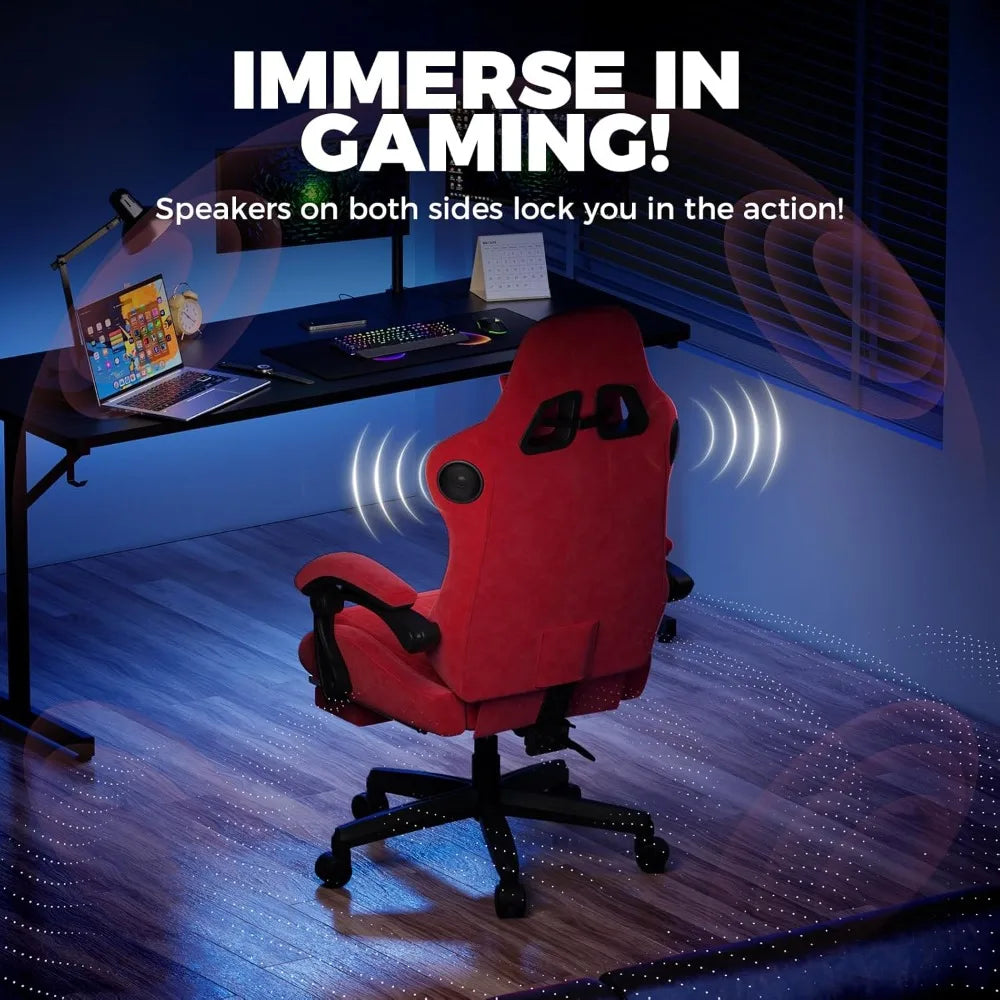 Gaming Chair with Built-in Speakers &amp; Bluetooth, Ergonomic Reclining Design with Footrest for Adults - Red Velvet