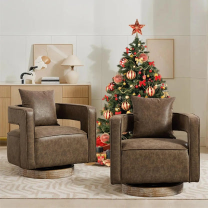 Upholstered Swivel Accent Chair Set of 2 Linen Open Back Barrel Chair with Pillow for Living Room, Beige