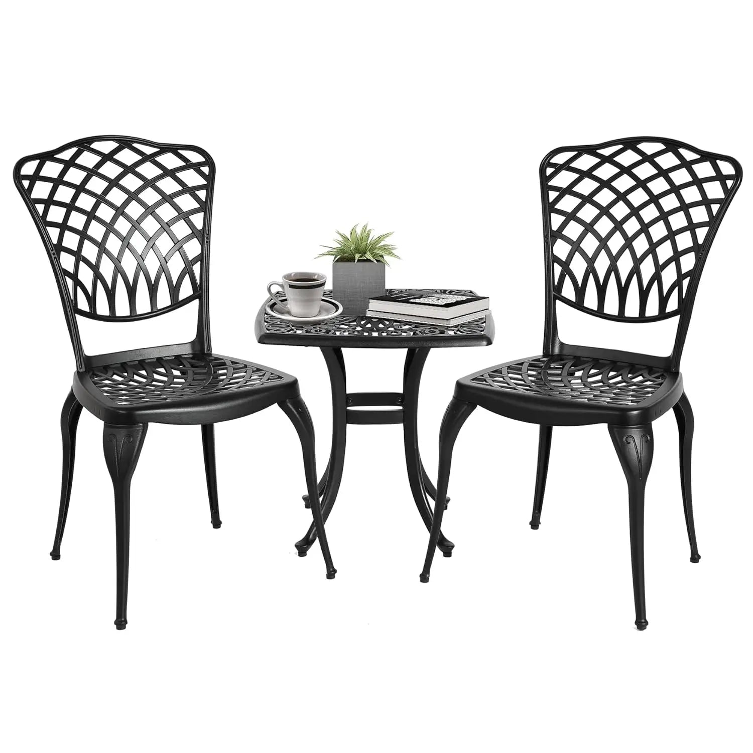 3pc Cast Aluminum Bistro Set, Rose Pattern Outdoor Garden Balcony, Rust &amp; All-Weather Resistant, White, Customized