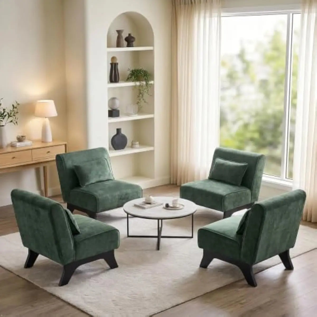 Upholstered armless lounge chairs set of two – wood frame construction with high-density foam cushioning and integrated back pil