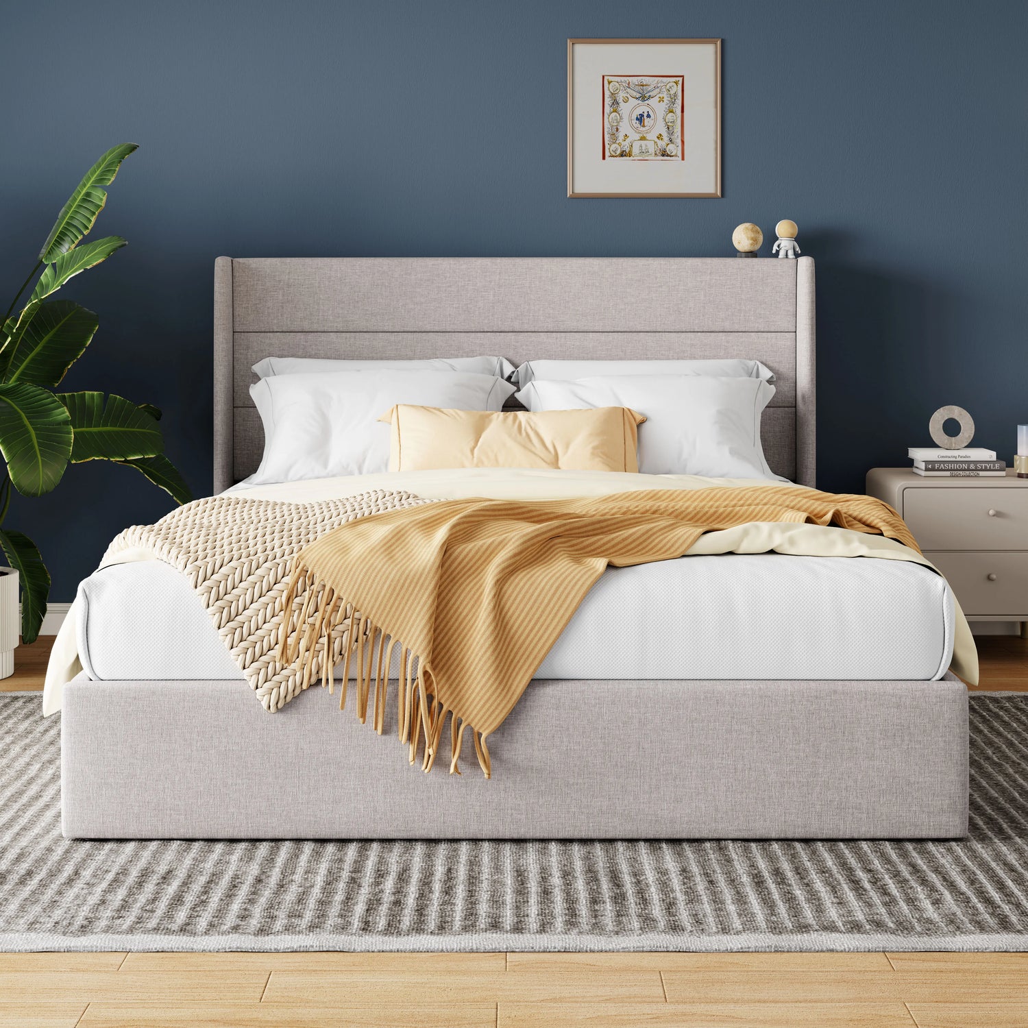 HOOMIC Lift Up Storage Bed With Wingback Headboard Hydraulic Lift