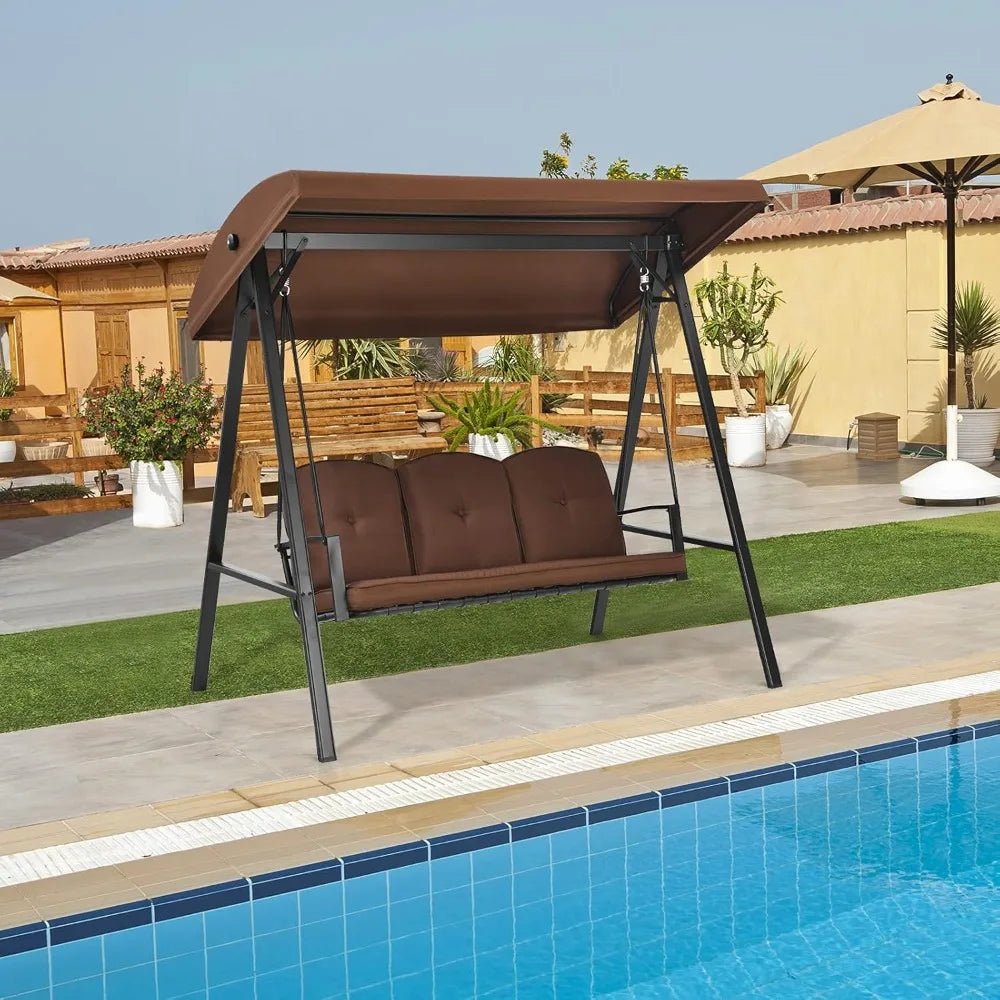3-Seater Porch Swing, Outdoor Swing with Adjustable Tilt Canopy &amp; Removable Soft Cushions, Powder-Coated Steel Frame Patio Swin
