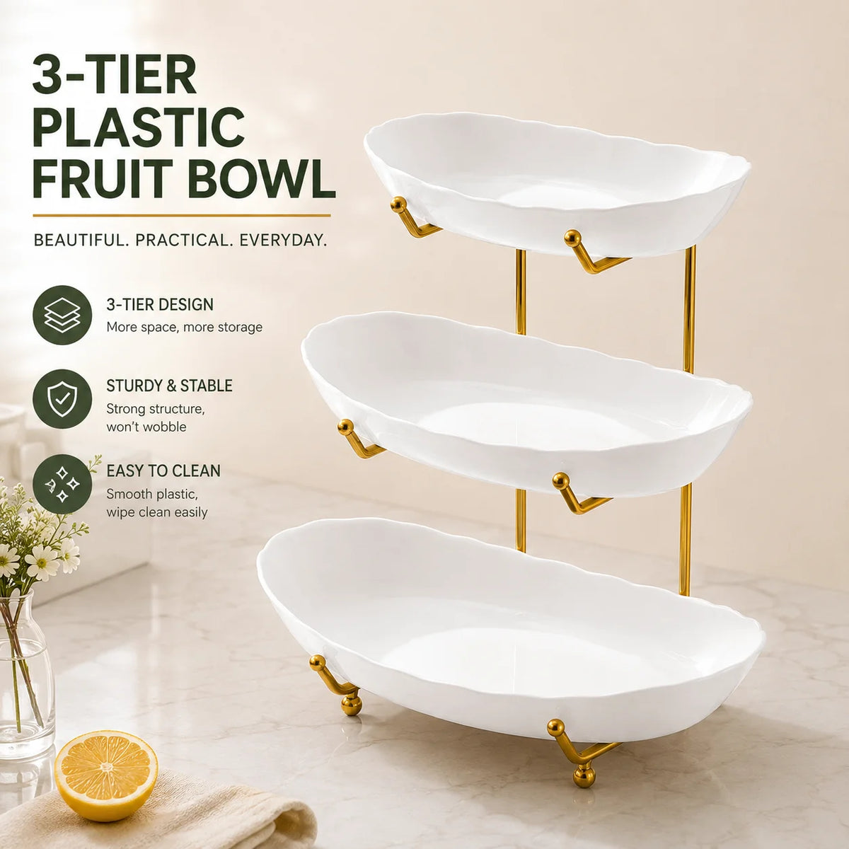 2/3-Tier Plastic Fruit Bowl Stand with Metal Frame, Large Capacity Countertop Fruit Basket for Fruits, Vegetables, Bread, Snacks &amp; Desserts, Kitchen Counter Organizer