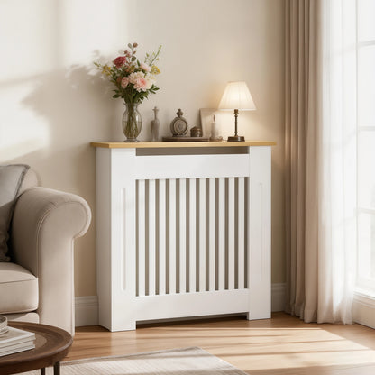 Modern Radiator Cover Decorative Heater Protector Wall Vertical Slat Grill Shelf with MDF Wood Top