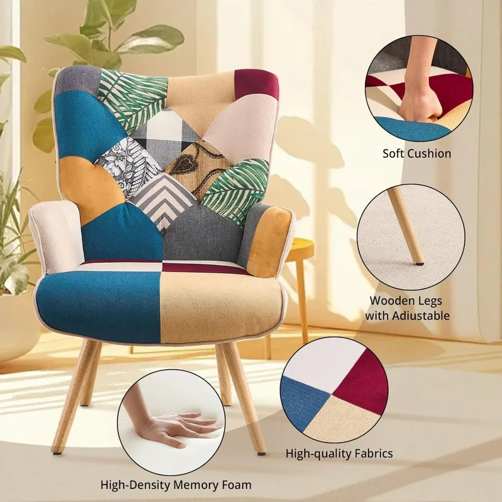 Living Room Accent Chair Modern High Back Arm Chair, Colorful Plaid Bohemian Style Chairs for Bedroom Waiting Room