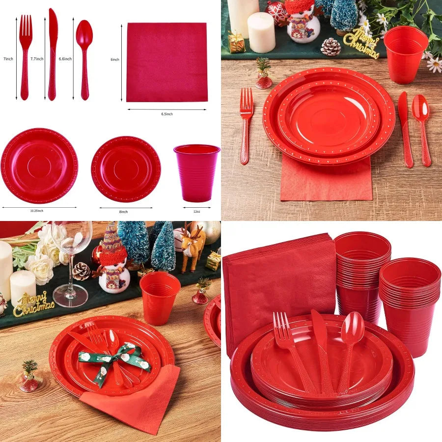175 PCS Red Plastic Dinnerware Set for Outdoor Events and Gatherings Includes 50 Plates 25 Cups 25 Napkins 25 Cutlery Spoons Fo