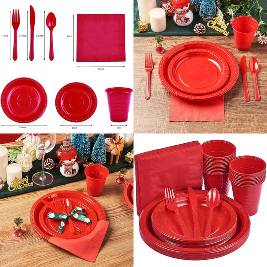 175 PCS Red Plastic Dinnerware Set for Outdoor Events and Gatherings Includes 50 Plates 25 Cups 25 Napkins 25 Cutlery Spoons Fo