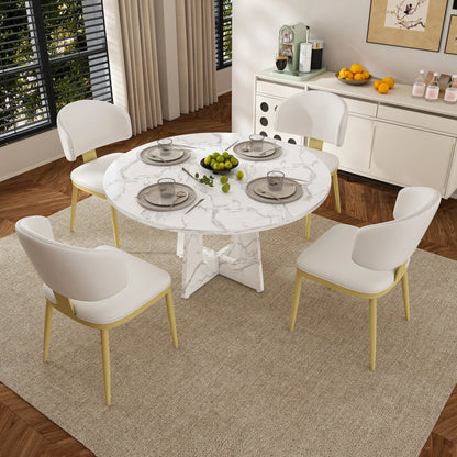 5 Piece Round Dining Table Set for 4, 47 Inch Farmhouse Kitchen Table with 4 Chairs, Black Wood Grain Finish, PU Leather Seats, Easy Assembly