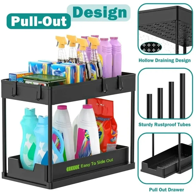 2-Pack/1-Pack 2 Under Sink Organizer 2 Tier Pull Out Sliding Cabinet Storage Rack for Your First Solo Apartment, H Shaped Design Fits Around Pipes, Smooth Glide Bottom Drawer, No Tools Assembly, Heavy Duty Metal.