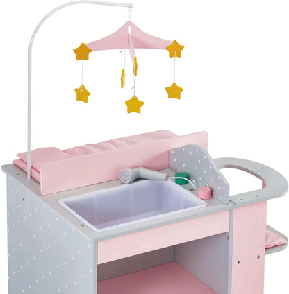 6-in-1 Wooden Baby Doll Changing Station with Crib, Table, High Chair, Closet, Sink and Washing Machine