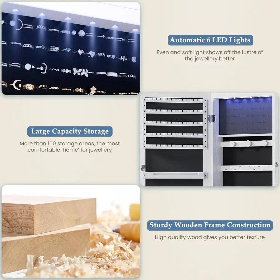 DUMOS 6 LEDs Mirror Jewelry Cabinet, Wall or Door Mounted Jewelry Organizer, 47.2Inch Tall Lockable Large Capacity Cosmetic Sto