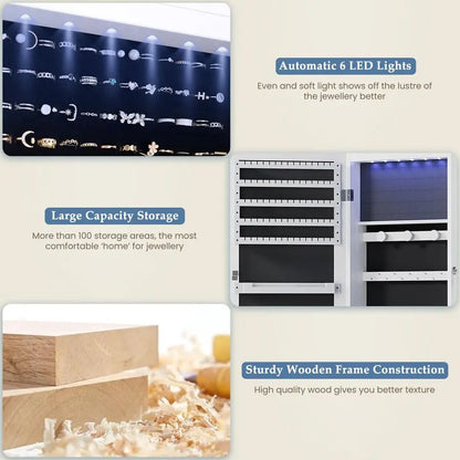 DUMOS 6 LEDs Mirror Jewelry Cabinet, Wall or Door Mounted Jewelry Organizer, 47.2Inch Tall Lockable Large Capacity Cosmetic Sto