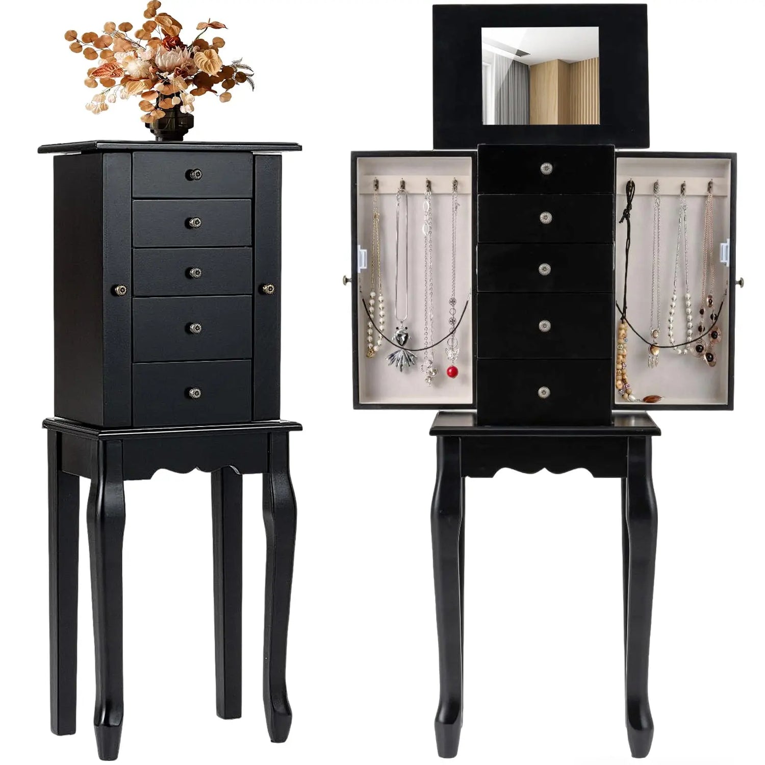 White Standing Jewelry Armoire Cabinet with 4 Drawers Flip Top Mirror Top Compartments 2 Side Doors 8 Necklace Hooks Freestandin