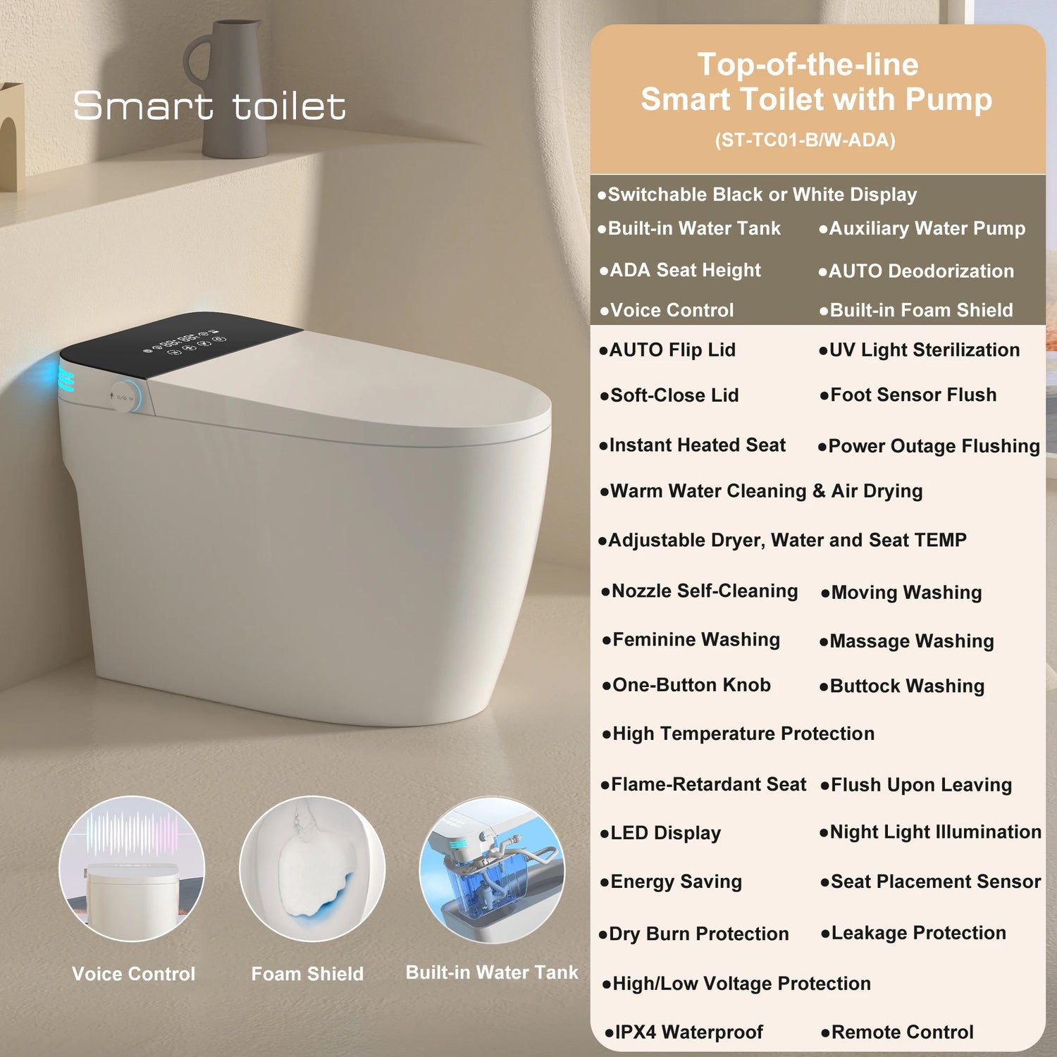 Smart Toilet with Built-in Bidet, AUTO Open/Close, Warm Water Sprayer, AUTO Dual Flush, Heated Bidet Toilet Seat for Bathrooms