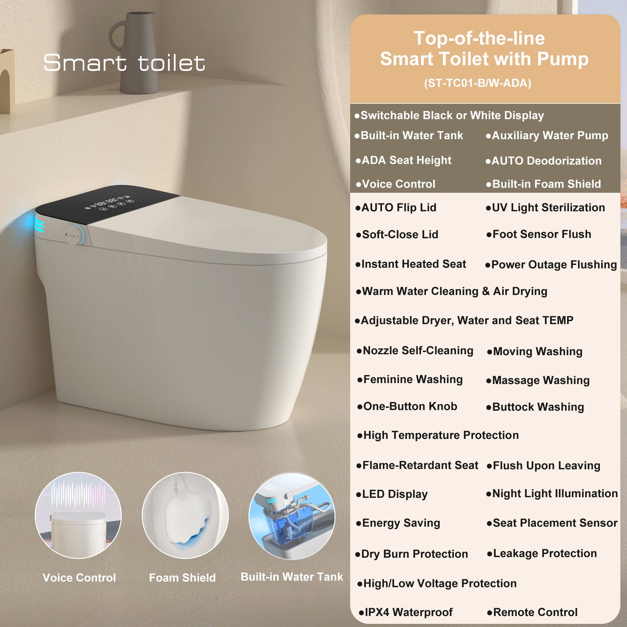 Smart Toilet with Built-in Bidet, AUTO Open/Close, Warm Water Sprayer, AUTO Dual Flush, Heated Bidet Toilet Seat for Bathrooms