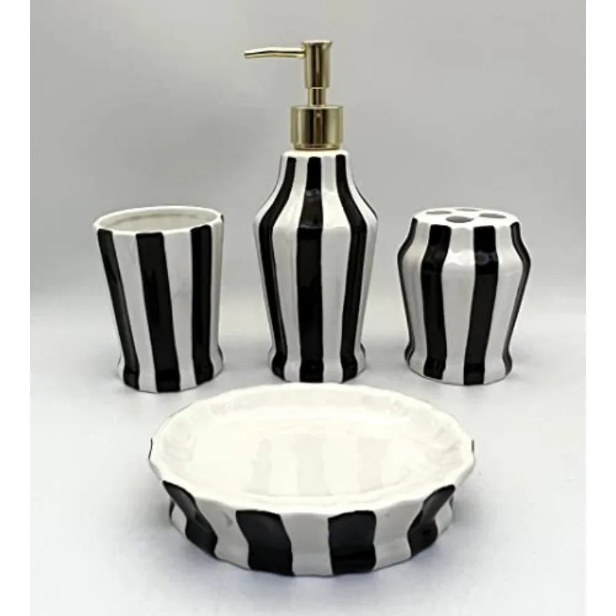 Tuscany Embossed Hand Painted Ceramic 4-Piece Bathroom Accessories Set in Striped White/Black with Premium Texture and Elegant