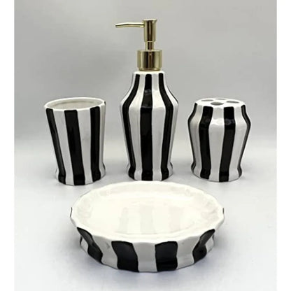 Tuscany Embossed Hand Painted Ceramic 4-Piece Bathroom Accessories Set in Striped White/Black with Premium Texture and Elegant