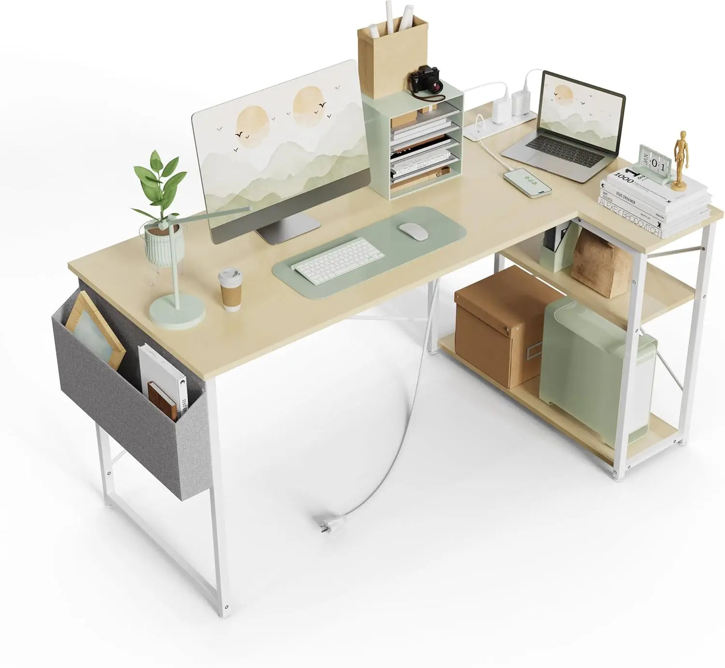 L-Shaped Computer Desk With Power Outlets And Reversible Shelves